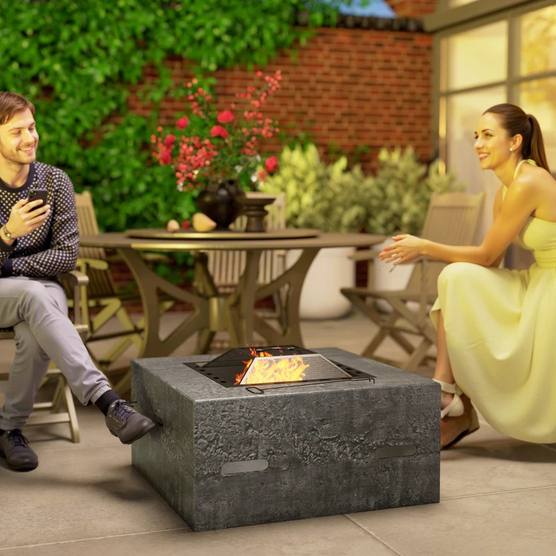 Outsunny Fire Pit with Fire Poker, Wood Burning Firepit for Outside with Mesh Lid, Magnesium Oxide Stone Texture, Charcoal Grey