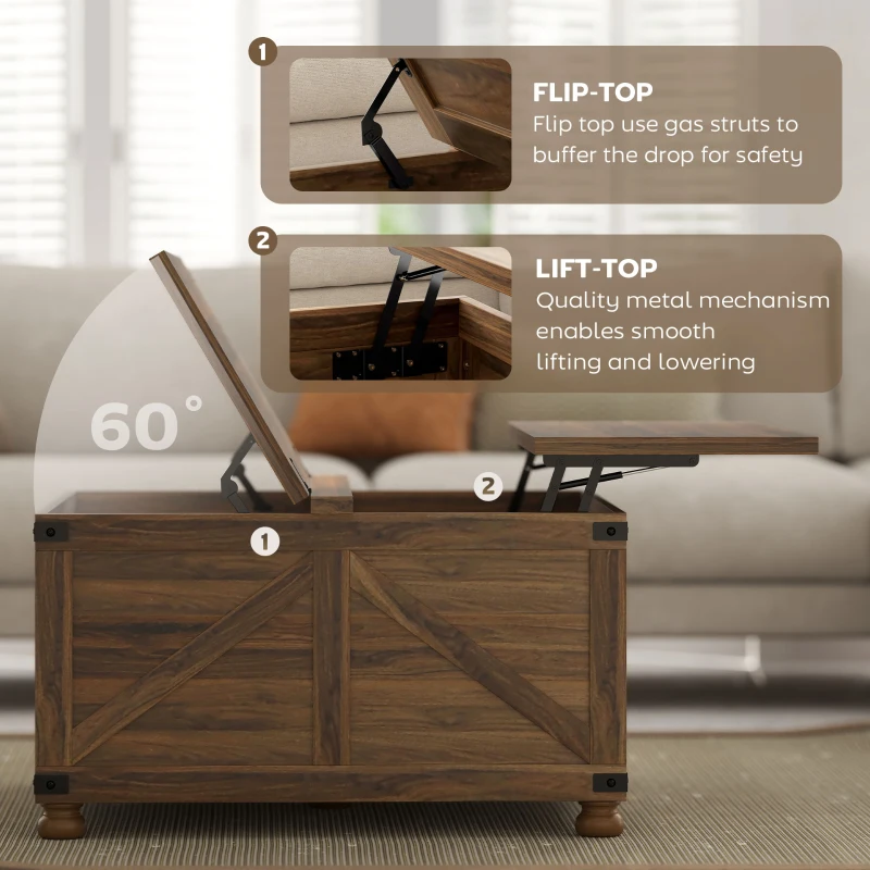 HOMCOM Coffee Table with Lift Top, 32" Farmhouse Center Table with Hidden Compartment for Living Room, Brown Wood Grain