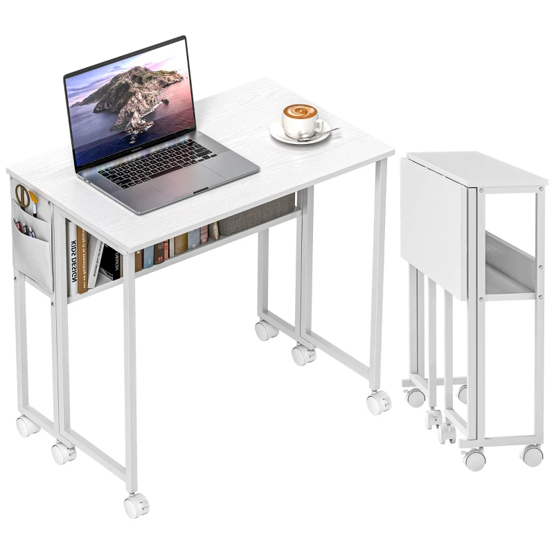 HOMCOM Folding Computer Desk, Foldable Desk with Storage Bag, Shelf and Wheels for Small Spaces, Home Office, White