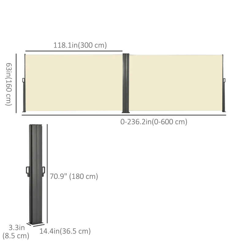 Outsunny 236" x 71" Outdoor Privacy Wall, Double Retractable Side Awning, Patio Screen for Garden, Balcony, Cream White