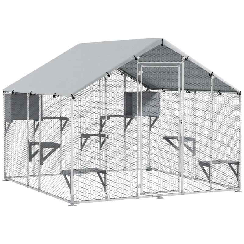PawHut 94.5" Extra Large Metal Outdoor Catio with Waterproof Cover, 2 Resting Boxes, 7 Platforms, for Multiple Rabbits, Chicken