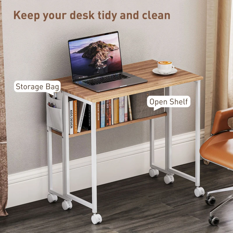 HOMCOM Folding Computer Desk, Foldable Desk with Storage Bag, Shelf and Wheels for Small Spaces, Home Office, Natural Wood