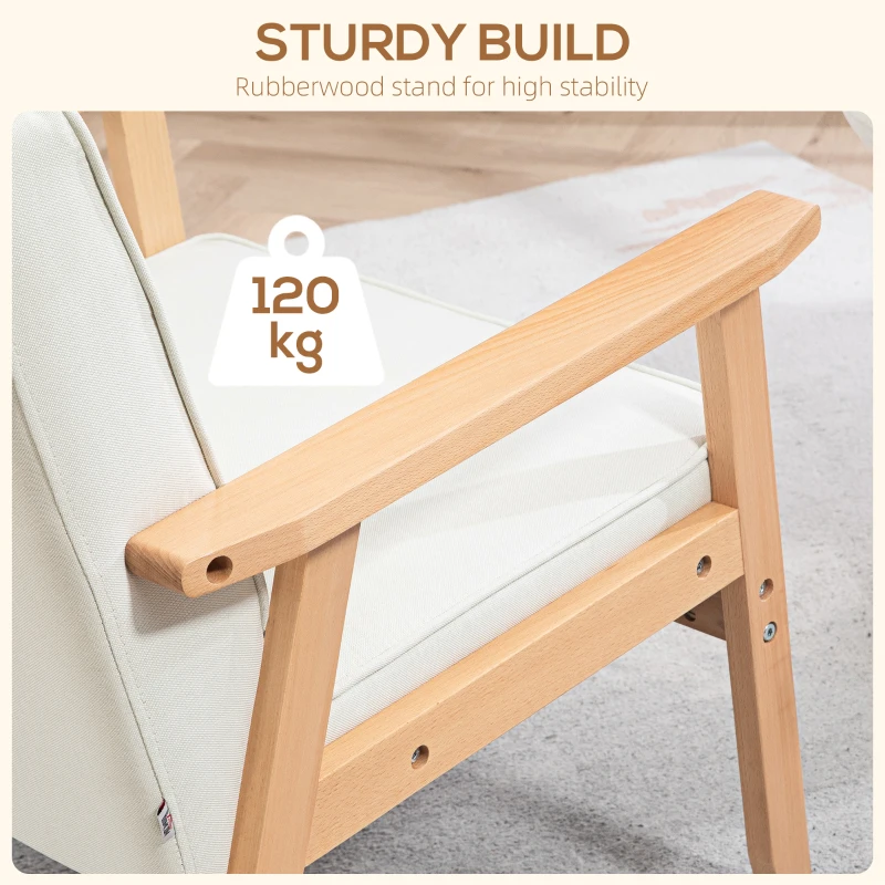 HOMCOM Modern Armchair Fabric, Accent Chair with Tufted Back, Wood Legs and Thick Padding for Living Room, Bedroom, Cream White