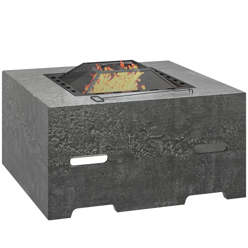 Outsunny Fire Pit with Fire Poker, Wood Burning Firepit for Outside with Mesh Lid, Magnesium Oxide Stone Texture, Charcoal Grey