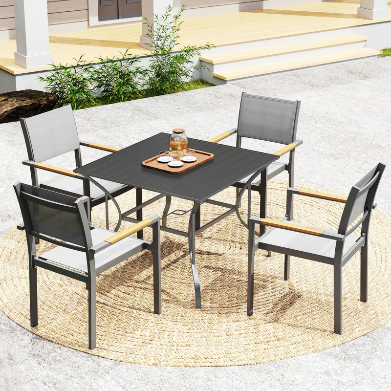 Outsunny Square Outdoor Patio Dining Table, Garden Table with Umbrella Hole, Slatted Metal Top for Backyard, Poolside, Dark Grey