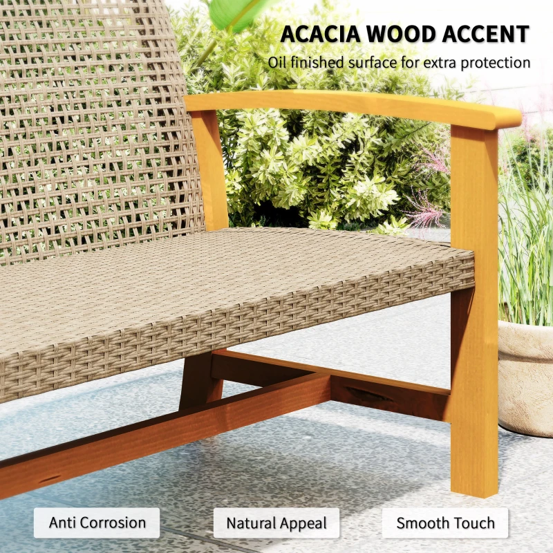 Outsunny 3-Seat Wicker Outdoor Couch Patio Sofa, Acacia Wood Patio Furniture with Steel Seat Armrests, 1000 LBS Capacity, Teak