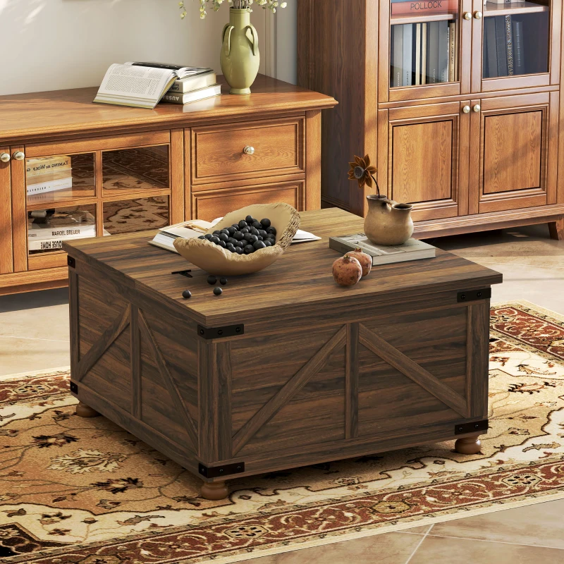 HOMCOM Coffee Table with Lift Top, 32" Farmhouse Center Table with Hidden Compartment for Living Room, Brown Wood Grain