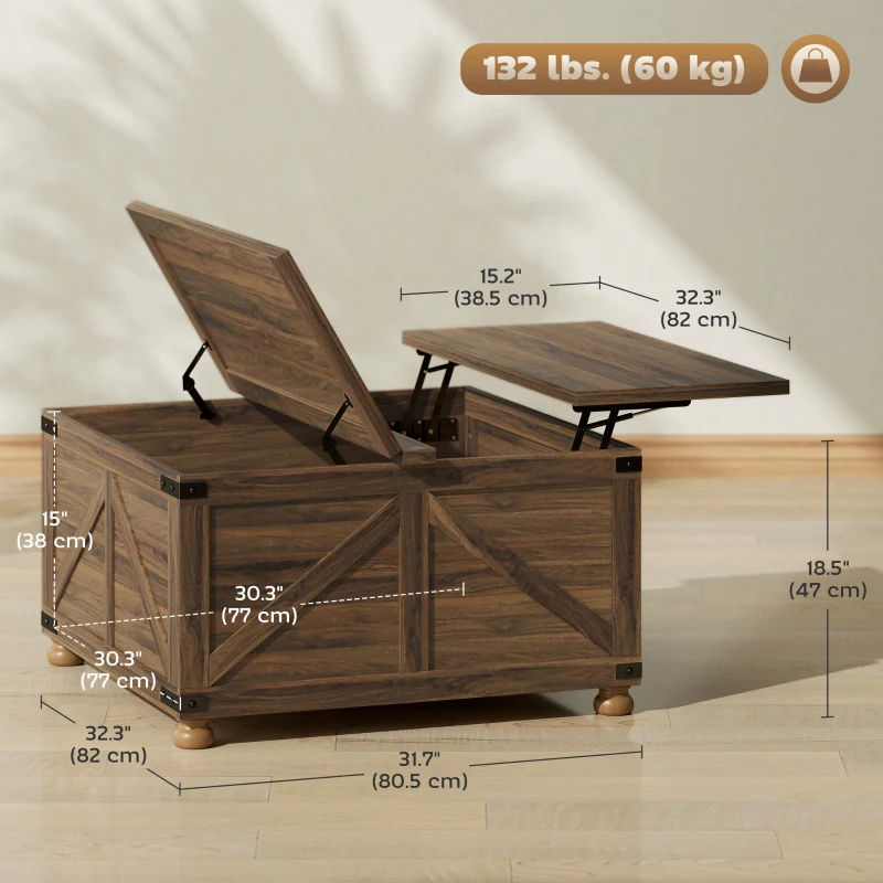 HOMCOM Coffee Table with Lift Top, 32" Farmhouse Center Table with Hidden Compartment for Living Room, Brown Wood Grain