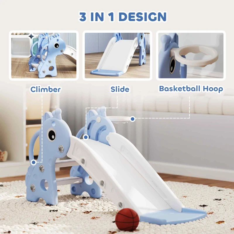 Qaba 3-in-1 Toddler Slide for Age 1-3, Freestanding Kids Slide with Climber, Basketball Hoop and Ball, Giraffe Design, Blue