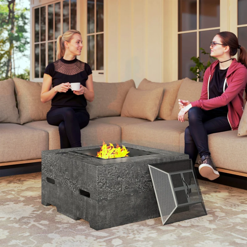 Outsunny Fire Pit with Fire Poker, Wood Burning Firepit for Outside with Mesh Lid, Magnesium Oxide Stone Texture, Charcoal Grey