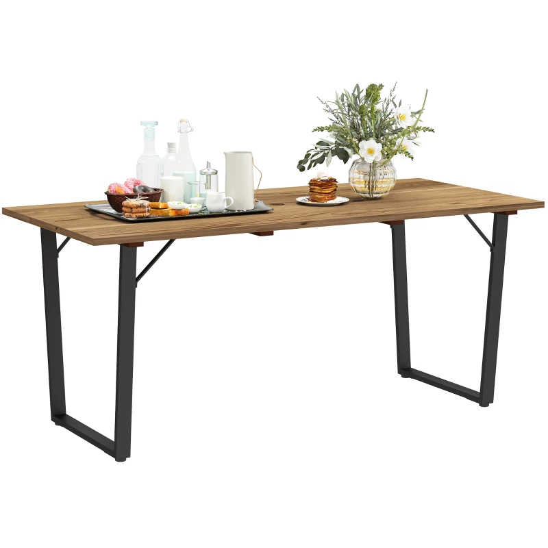 Outsunny Wooden Outdoor Dining Table for 6 with 2" Umbrella Hole, Slatted Tabletop, Metal Frame, for Yard, Deck, Lawn