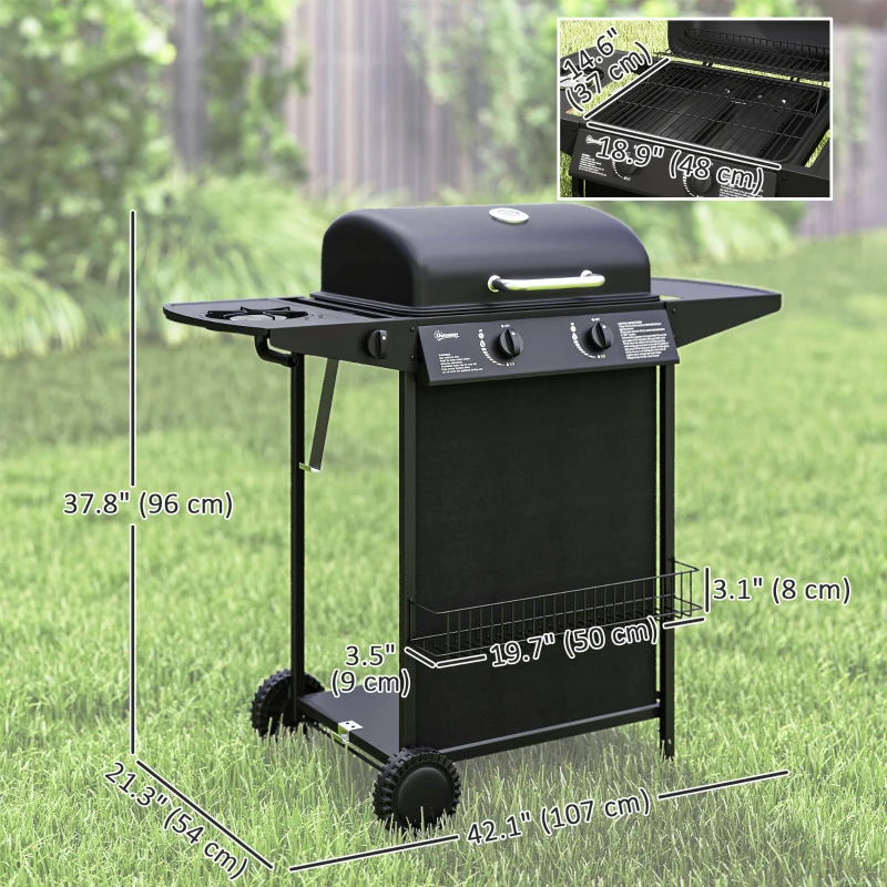 Outsunny 2+1 Burner Propane Gas BBQ Grill, Portable Gas Barbecue Grill with Side Burner, Thermometer, Lid, Side Table, Shelf, Spice Rack, Wheels, Grease Cup for Garden, Black