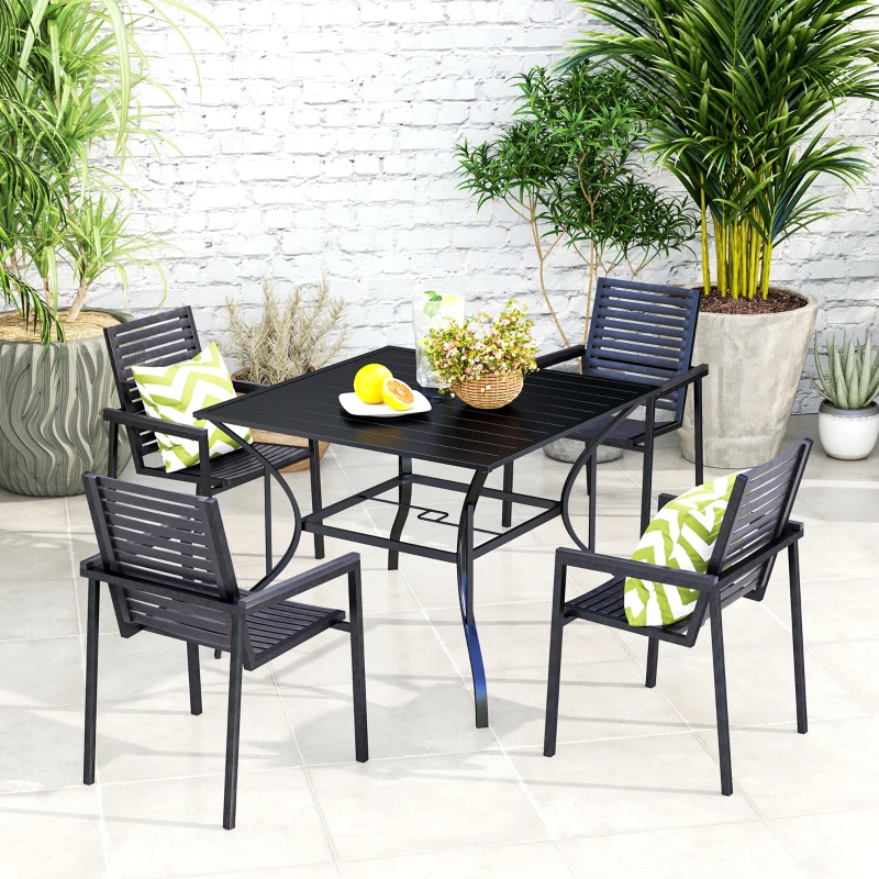 Outsunny Outdoor Dining Table for Four, Patio Table with Parasol Hole, Square Garden Table with Slatted Metal Plate Top, for Backyard, Poolside, Black
