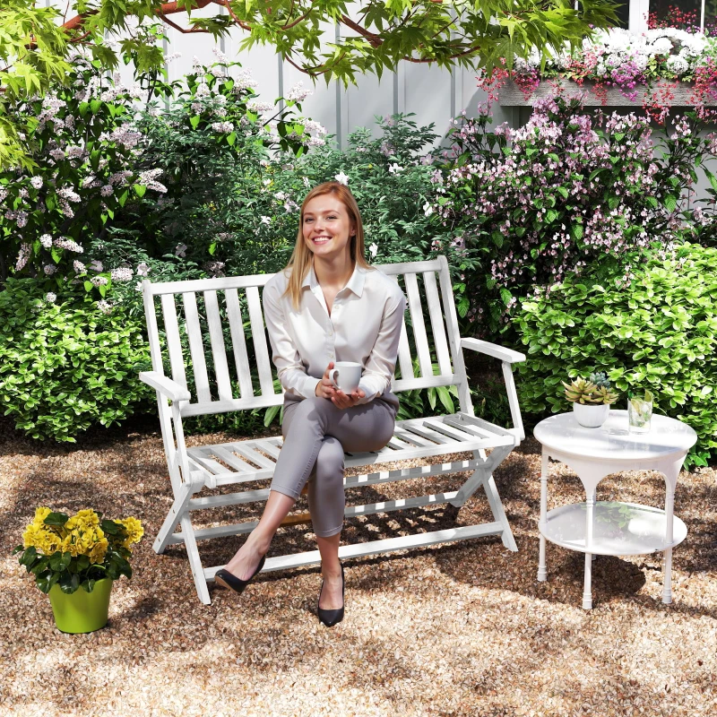 Outsunny 46.5" Foldable Wood Outdoor Bench with Backrest and Armrests for Outdoors, Patio, Porch, Park, White