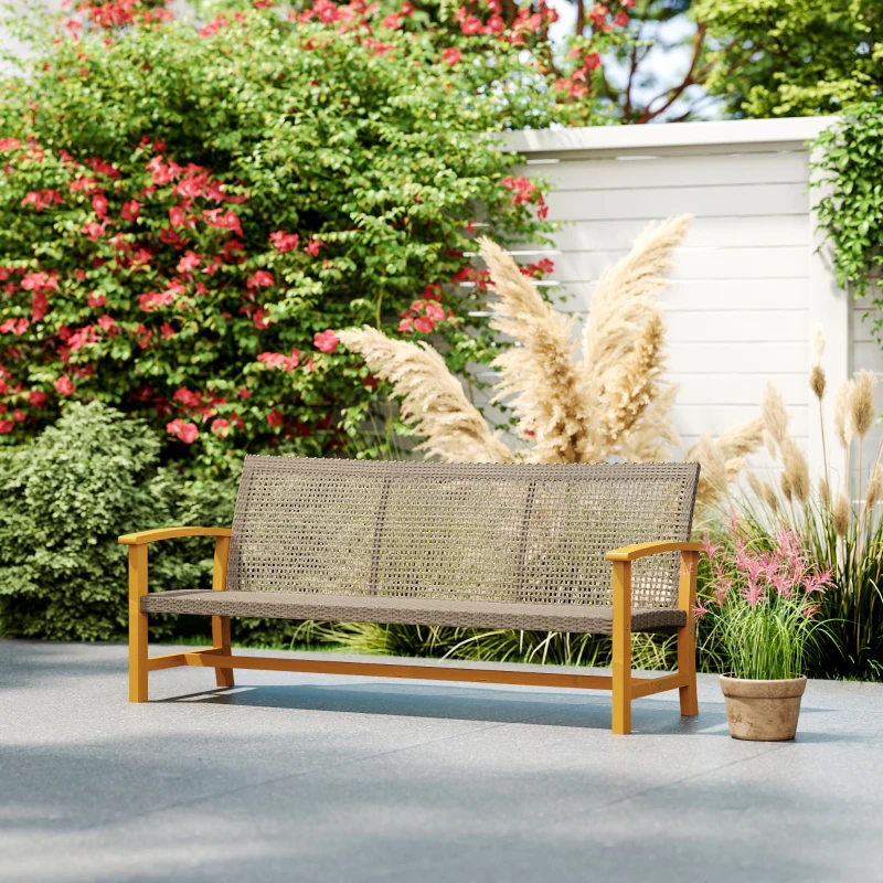 Outsunny 3-Seat Wicker Outdoor Couch Patio Sofa, Acacia Wood Patio Furniture with Steel Seat Armrests, 1000 LBS Capacity, Teak