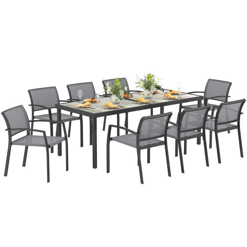 Outsunny 9 Pieces Patio Dining Set with Easy Clean Tabletop, 8 Stackable Chairs, for Garden, Backyard, Poolside, Deck, Grey