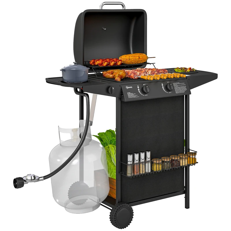 Outsunny 2+1 Burner Propane Gas BBQ Grill, Portable Gas Barbecue Grill with Side Burner, Thermometer, Lid, Side Table, Shelf, Spice Rack, Wheels, Grease Cup for Garden, Black