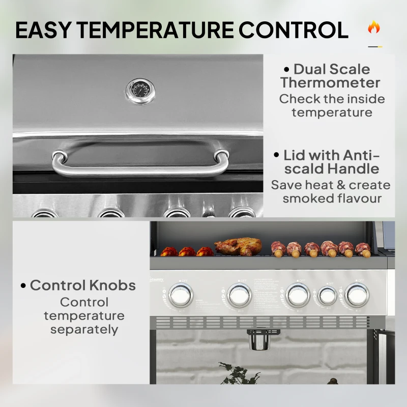 Outsunny 4+1 Burner Liquid Propane Gas Grill Outdoor Portable BBQ with Side Burner, Warming Rack, Side Shelf, Storage Cabinet, Thermometer, 4 Wheels, Tank Holder, Silver