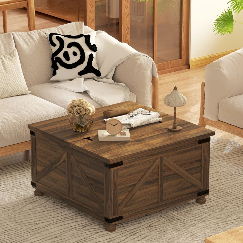 HOMCOM Coffee Table with Lift Top, 32" Farmhouse Center Table with Hidden Compartment for Living Room, Brown Wood Grain