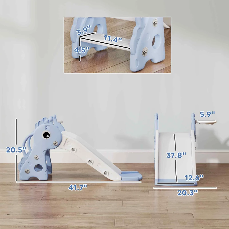 Qaba 3-in-1 Toddler Slide for Age 1-3, Freestanding Kids Slide with Climber, Basketball Hoop and Ball, Giraffe Design, Blue