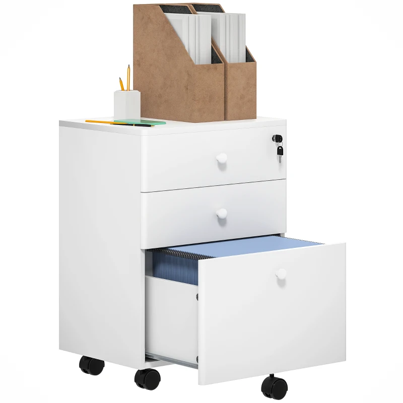 HOMCOM 3-Drawer Small Filing Cabinet with Lock, Vertical Office Storage Cabinet with Wheels for Home Office, White