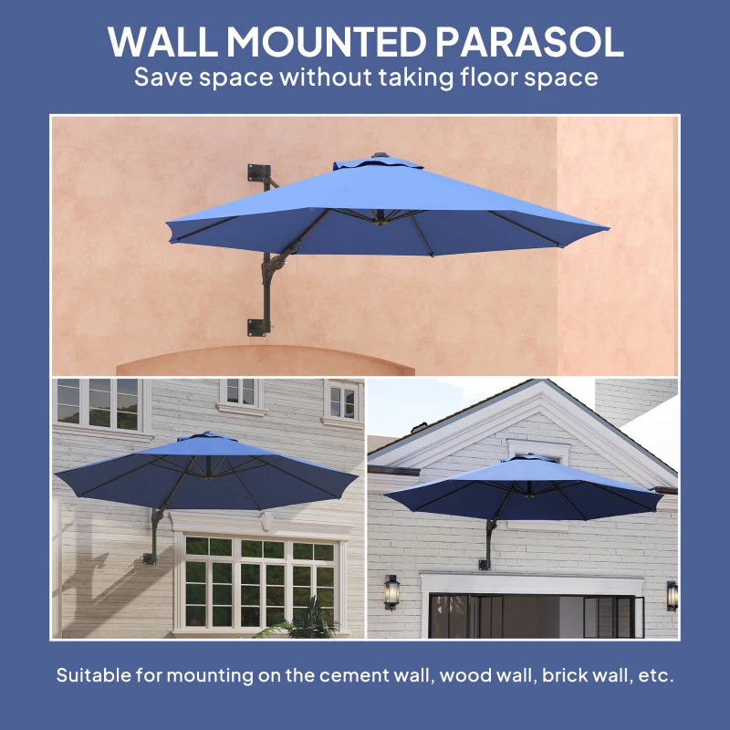 Outsunny 9.6 x 9.6 ft Wall Mounted Umbrella with Rotate, Patio Market Umbrella Parasol for Outdoor with Crank, Dark Blue