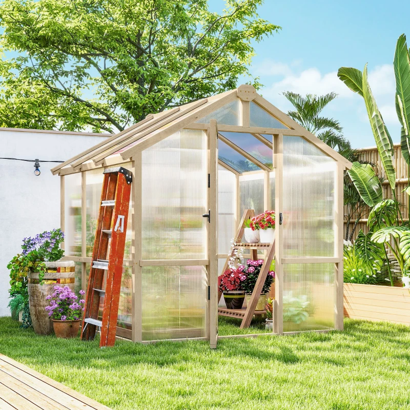 Outsunny 6.6 x 6ft Polycarbonate Greenhouse Wooden Green House with Thickened Polycarbonate Sheets, Lockable Door, Brown