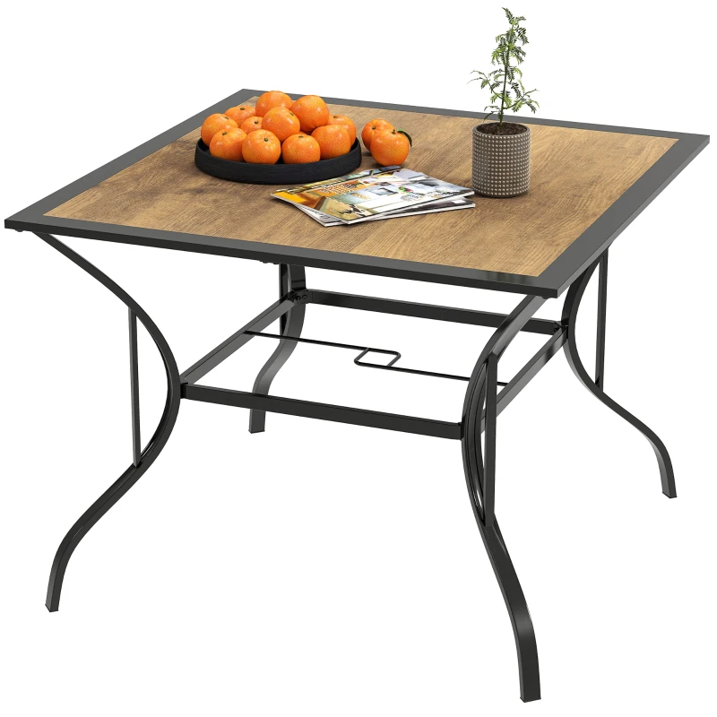 Outsunny 37" Garden Outdoor Dining Table for 4, Square Patio Table with Umbrella Hole, Plastic Board Tabletop for Backyard, Poolside, Mixed Brown