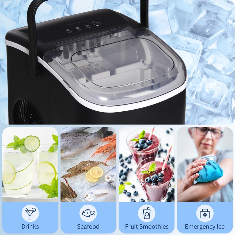 HOMCOM Portable Ice Maker Countertop with Handle, Self Cleaning Ice Maker Machine with Scoop and Basket, 26lbs/24Hrs, Black