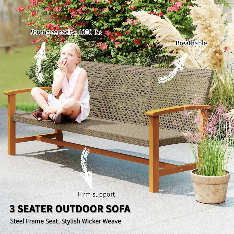 Outsunny 3-Seat Wicker Outdoor Couch Patio Sofa, Acacia Wood Patio Furniture with Steel Seat Armrests, 1000 LBS Capacity, Teak