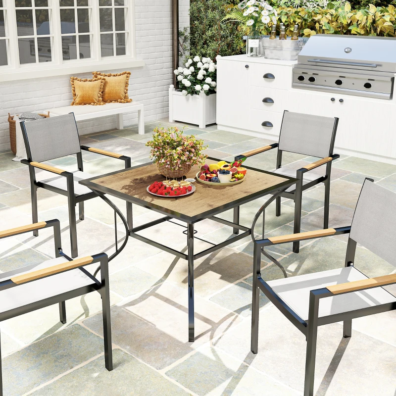 Outsunny 37" Garden Outdoor Dining Table for 4, Square Patio Table with Umbrella Hole, Plastic Board Tabletop for Backyard, Poolside, Mixed Brown