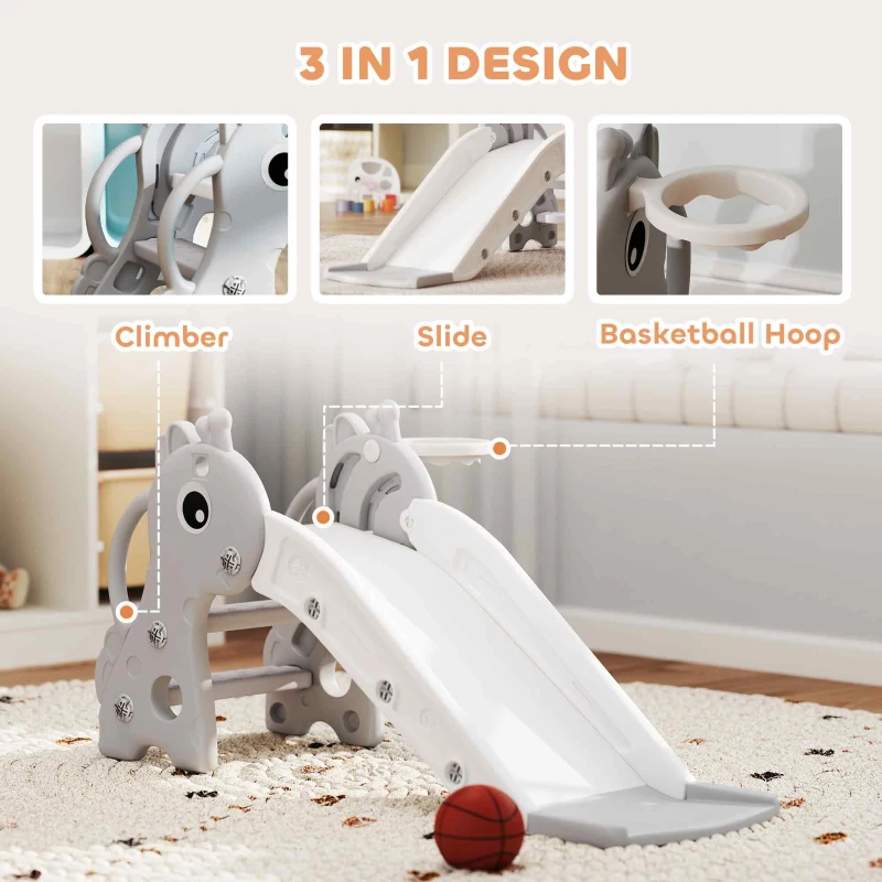 Qaba 3-in-1 Toddler Slide for Age 1-3, Freestanding Kids Slide with Climber, Basketball Hoop and Ball, Giraffe Design, Gray