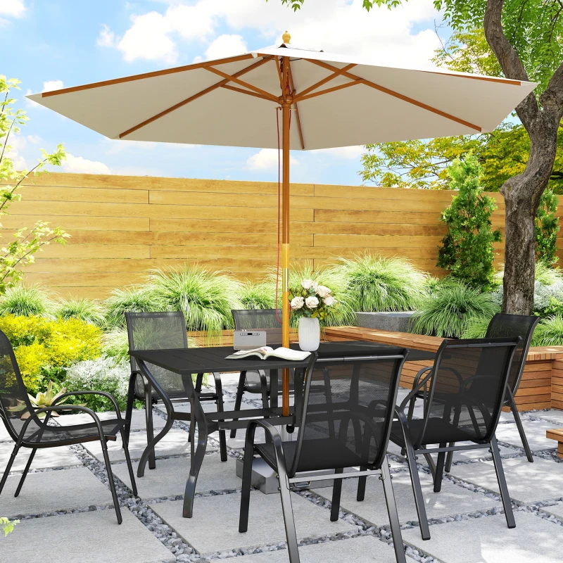 Outsunny Rectangle Patio Dining Table with Umbrella Hole, Outdoor Dining Table for 6 with Steel Frame for Garden, Balcony, Black
