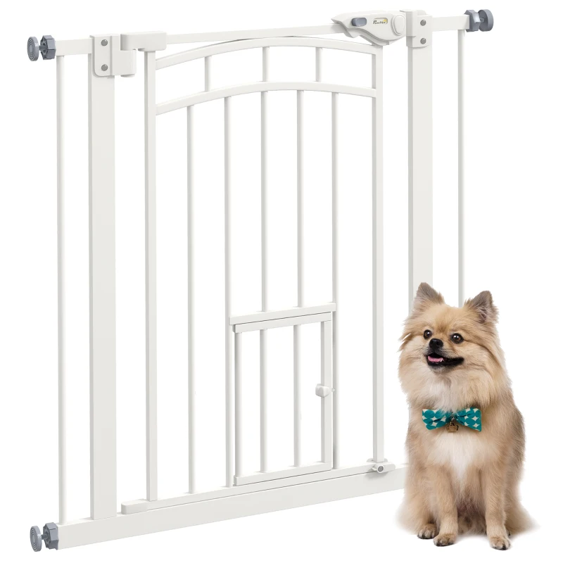 PawHut Auto-Close Pet Gate, Stair Gate with Cat Door, Double Locking for Doorways Hallways Stairs, Fits 29"-31.5" Wide, White