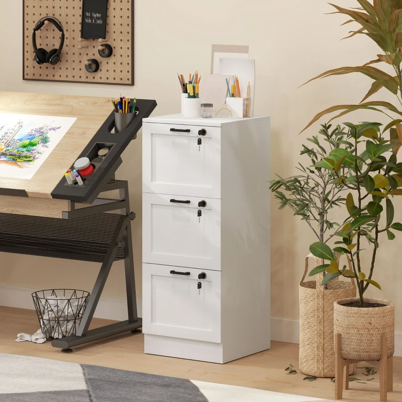 HOMCOM Vertical Filing Cabinet with 3 Drawers, Lock, File Cabinet for Home Office, A4 and Letter Size Files, White