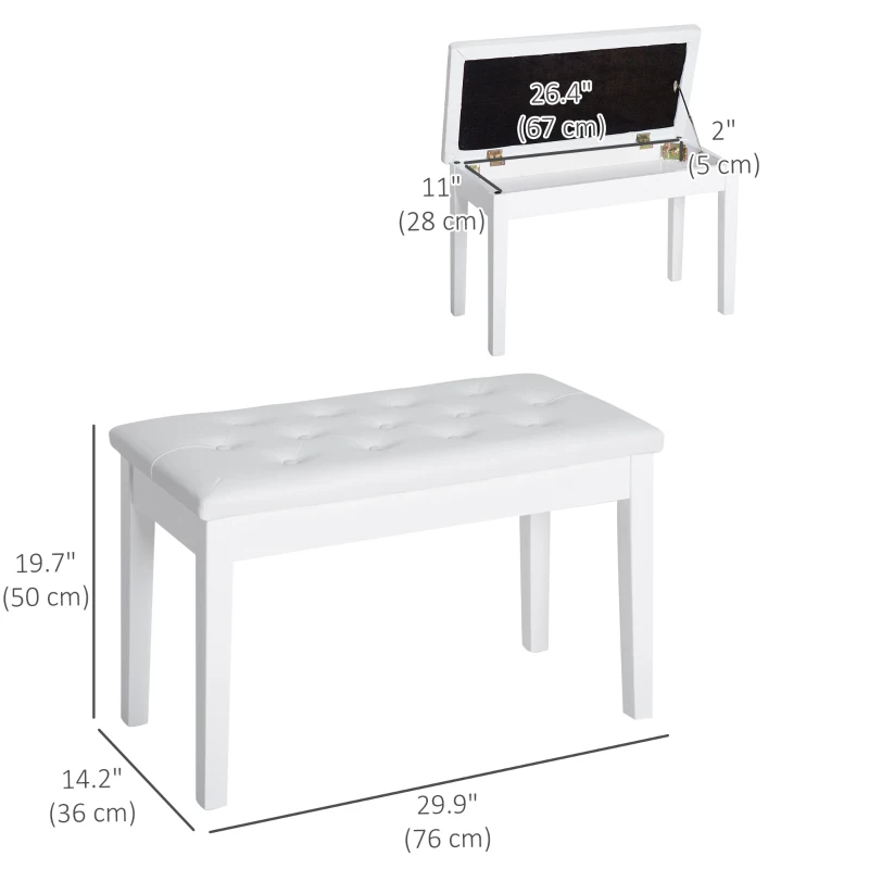 HOMCOM 30" Piano Bench with Padded Cushion and Storage, Faux Leather Keyboard Bench with Solid Wood Legs, White