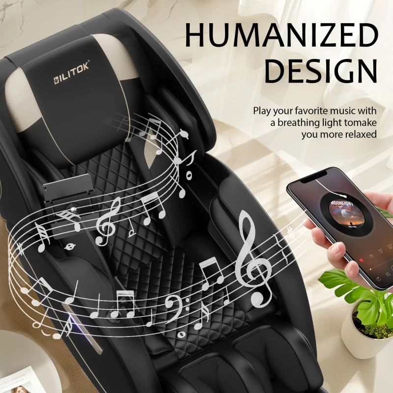 Zero Gravity Massage Chair Recliner with Bluetooth Audio, Full Body Air Pressure, Heating Functions, 51.5" L x 28" W x 39" H, Black