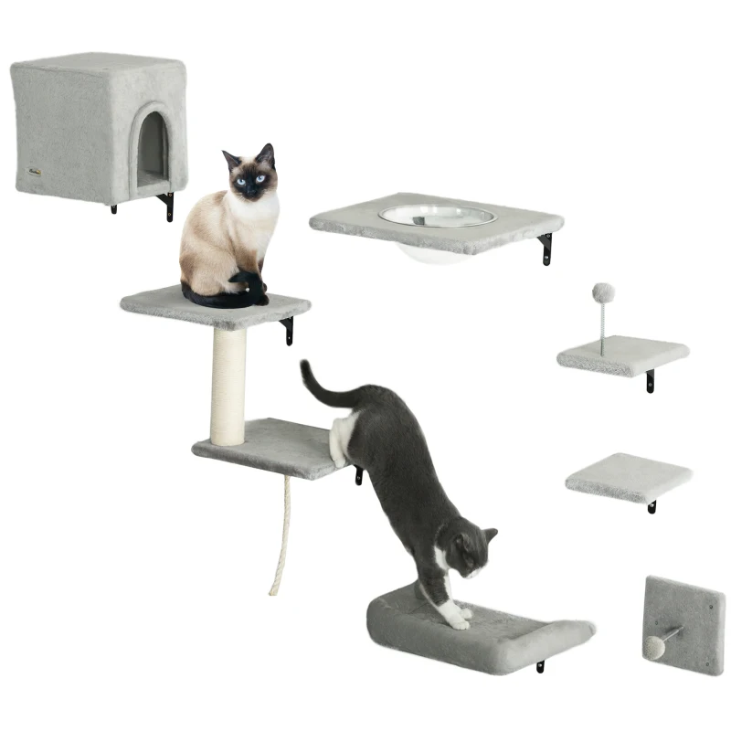 PawHut Cat Wall Shelves Set of 7, Shelves and Perches with House, Sisal Post Ladder, Bed & Ball, Grey