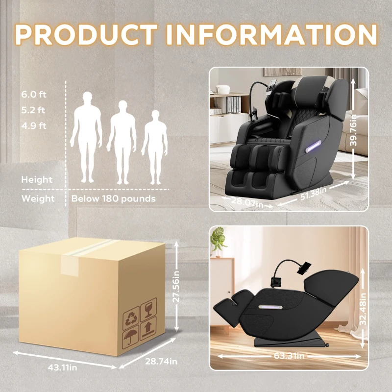 Massage Chair Recliner with Bluetooth Audio, Zero Gravity, Full Body Air Pressure, Heating Function, 51" L x 28" W x 40" H, Black