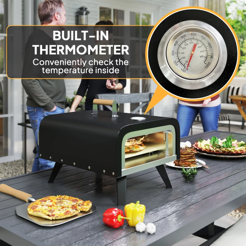 Outsunny Outdoor Tabletop Gas Pizza Oven with 12" Stone and Peel, Portable Pizza Oven Maker with Thermometer, Foldable Legs, Handle, Gas Hose and Regulator, Black