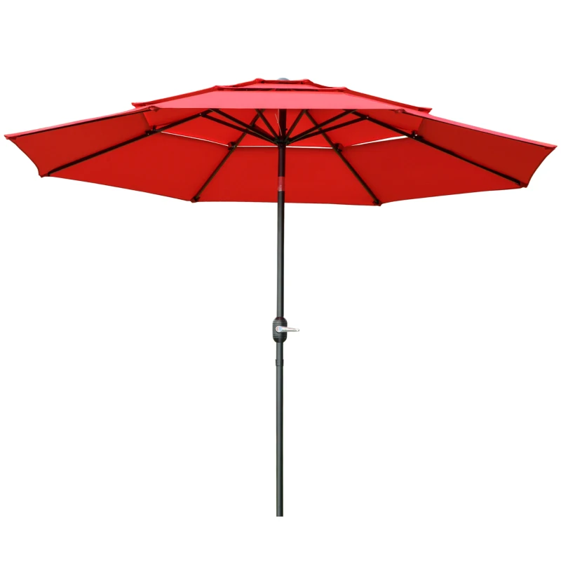 Outsunny 9FT 3 Tiers Patio Umbrella Outdoor Market Umbrella with Crank, Push Button Tilt for Deck, Backyard and Lawn, Red