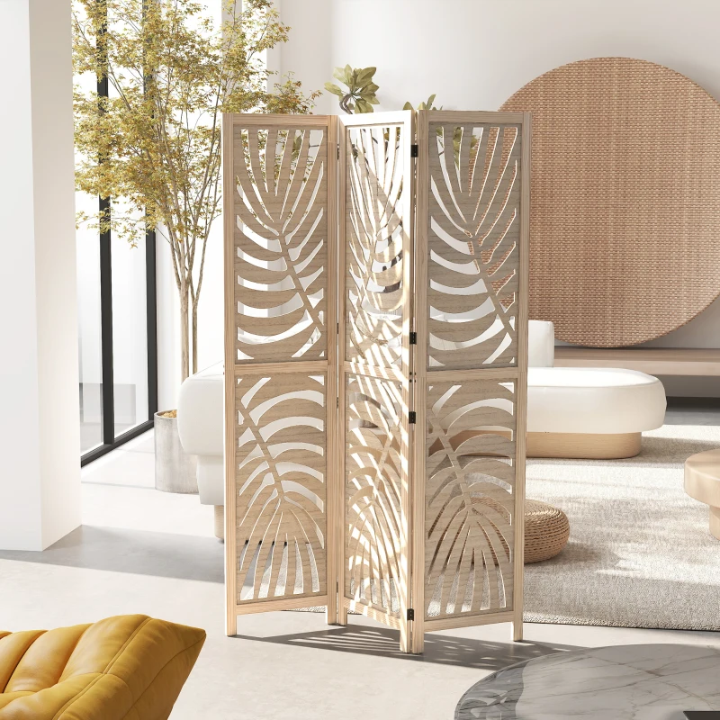 HOMCOM 3 Panel Room Divider, Detachable Folding Privacy Screens with Palm Leaf Design for Home Office, Natural Wood Finish