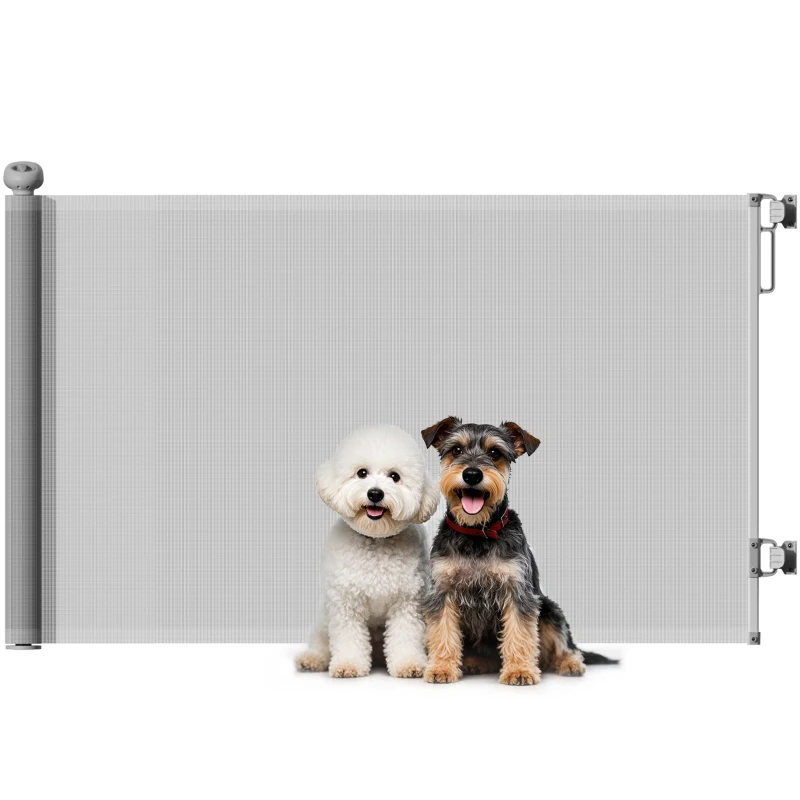PawHut Retractable Dog Gate Extends Up to 55" Wide, 34" Tall, for Stairs, Doorways, Hallways, Indoor and Outdoor, Grey