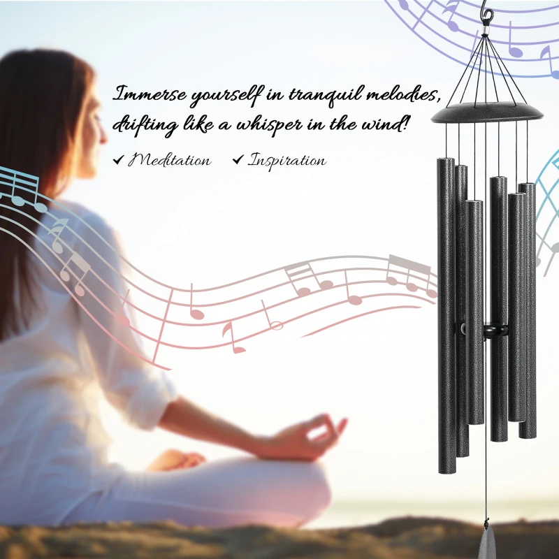 Outsunny 45" Wind Chimes Outdoor Deep Tone Wind Chime with 6 Aluminum Tubes and Hook for Patio, Yard, Garden Decor, Dark Grey