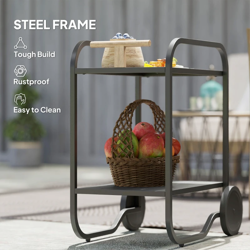 Outsunny Outdoor Grill Cart with Storage, 2-Tier Bar Cart on Wheels with Side Handle, Steel Frame for Indoor Outdoor, Black