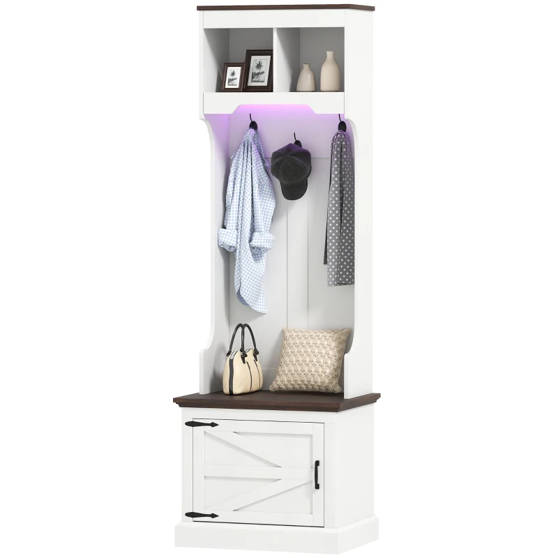HOMCOM 3-in-1 Hall Tree with LED Lights and Bench, Coat Rack with Shoe Storage, White Wood Grain with Light