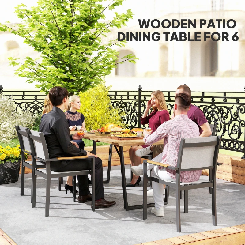 Outsunny Wooden Outdoor Dining Table for 6 with 2" Umbrella Hole, Slatted Tabletop, Metal Frame, for Yard, Deck, Lawn