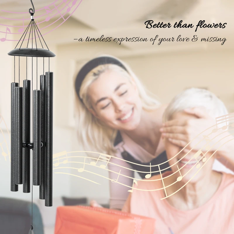 Outsunny 45" Wind Chimes Outdoor Deep Tone Wind Chime with 6 Aluminum Tubes and Hook for Patio, Yard, Garden Decor, Dark Grey