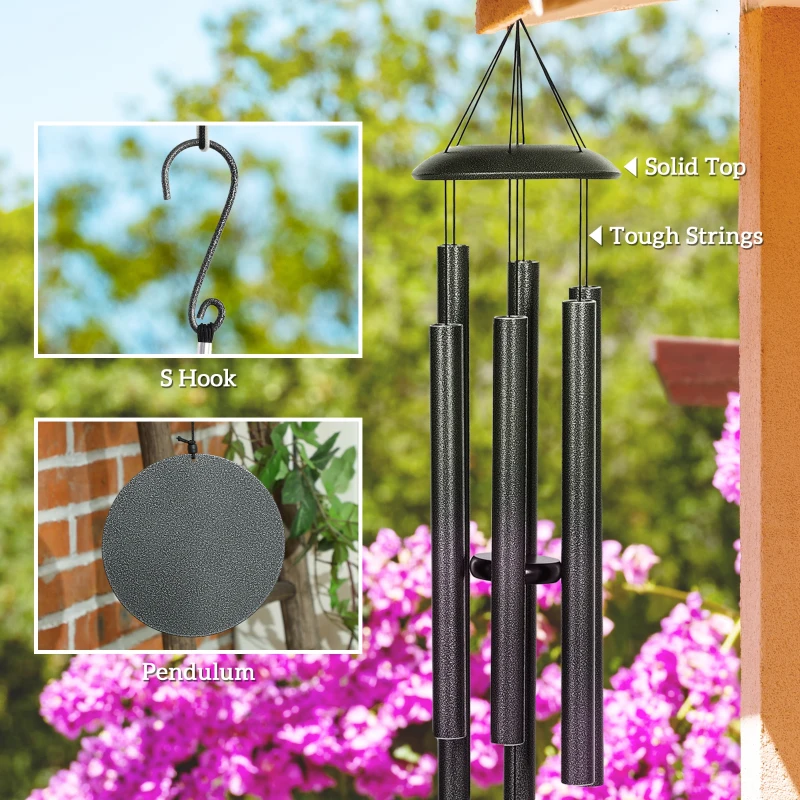 Outsunny 45" Wind Chimes Outdoor Deep Tone Wind Chime with 6 Aluminum Tubes and Hook for Patio, Yard, Garden Decor, Dark Grey