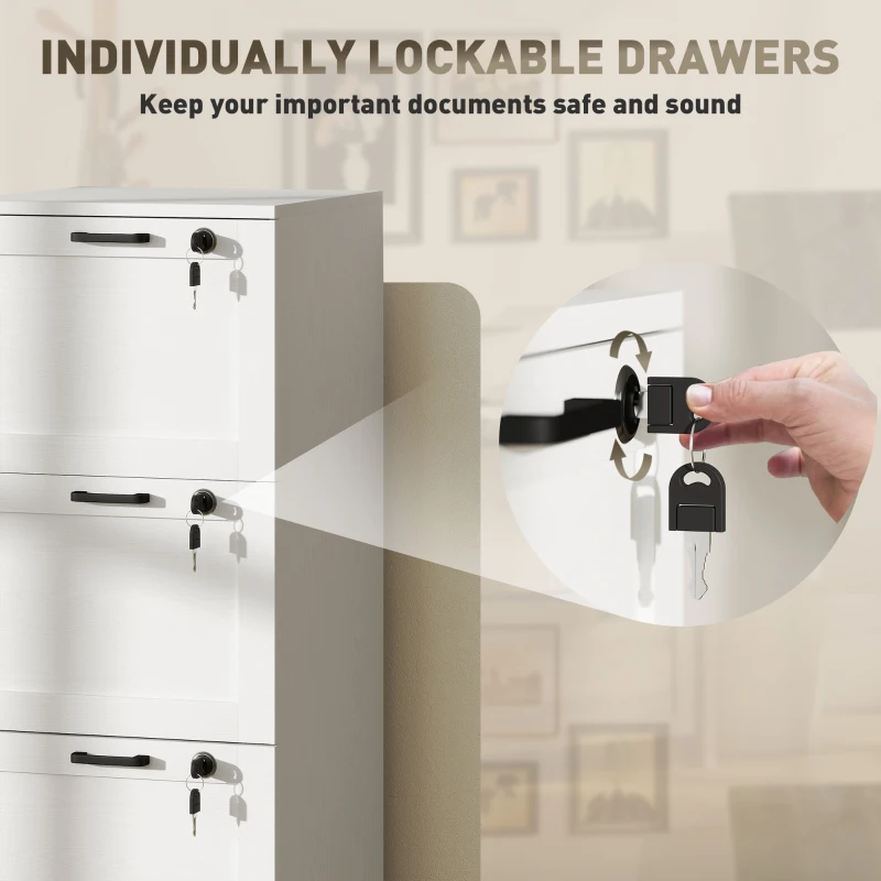 HOMCOM Vertical Filing Cabinet with 3 Drawers, Lock, File Cabinet for Home Office, A4 and Letter Size Files, White